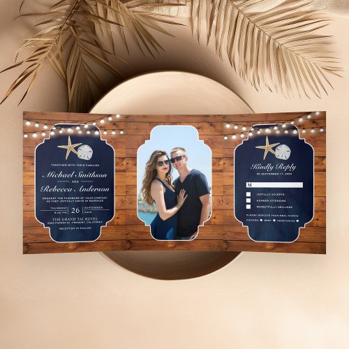 Wood Navy Blue Starfish Sand Dollar Beach Wedding Tri_Fold Invitation