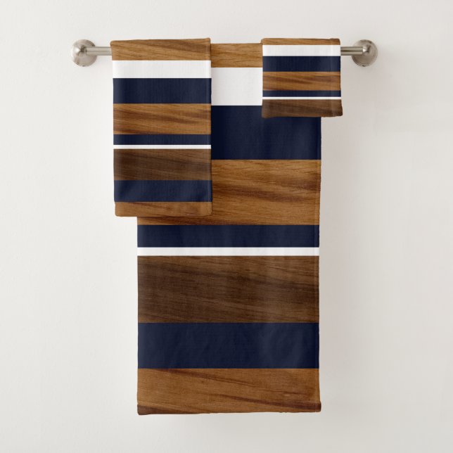 Wood Navy Blue White Stripes #1 Bath Towel Set (Insitu)