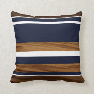 Wood Navy Blue White Stripes #1 Throw Pillow