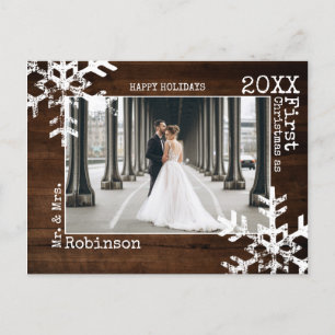 Wood Newlyweds First Christmas Photo Snowflakes Holiday Postcard