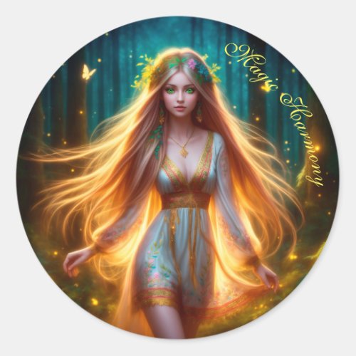 Wood nymph fairy girl gold bright forest floral  classic round sticker