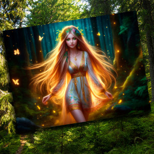 Wood nymph fairy girl gold bright forest floral postcard