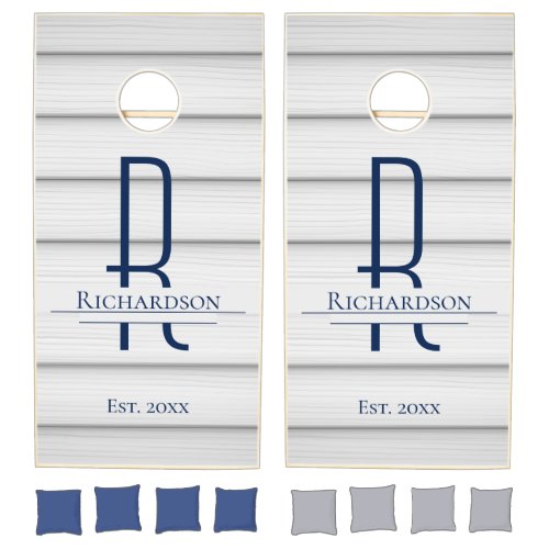 Wood Off White Blue Family Name Monogram Cornhole Set