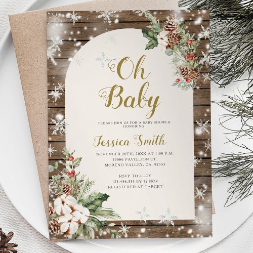 Wood Oh Baby Christmas Snowflakes Baby Shower Invitation