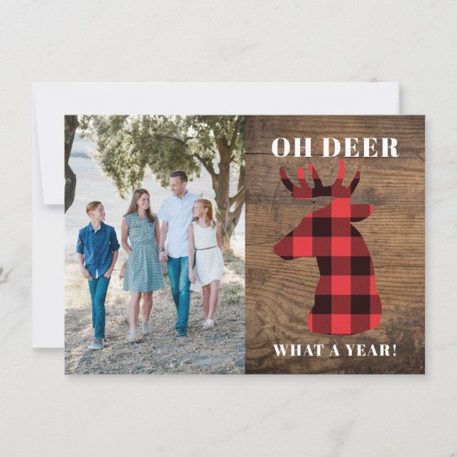 Wood Oh Deer What a Year Buffalo Plaid Photo Holiday Card (Front)