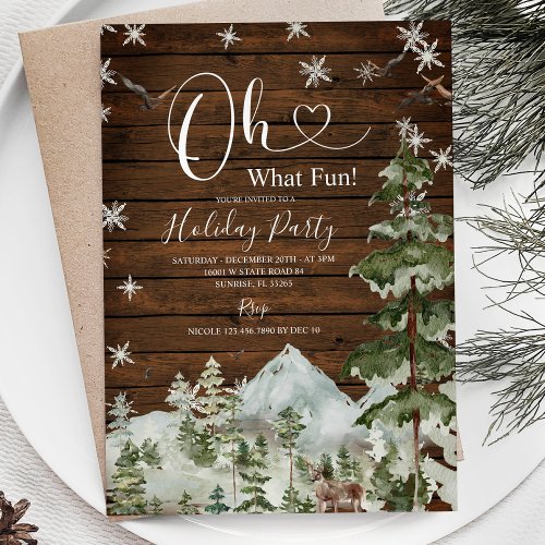 Wood Oh What Fun Christmas Floral Holiday Winter Invitation