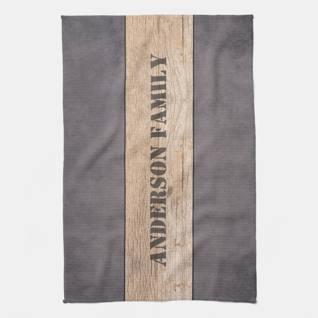 Wood on Dark Background, Family Name Kitchen Towel (Vertical)
