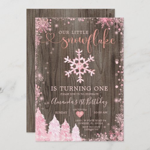Wood Onederland Pink Snowflake 1st Birthday  Invitation