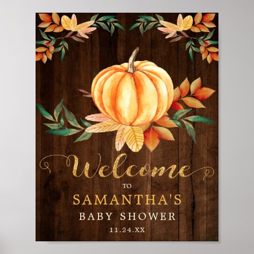 Wood Orange Watercolor Pumpkin Gold Fall Shower Poster