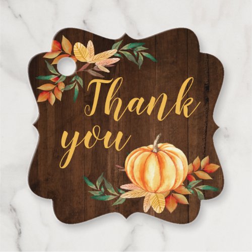 Wood Orange Watercolor Pumpkin Leaves Thank You Favor Tags