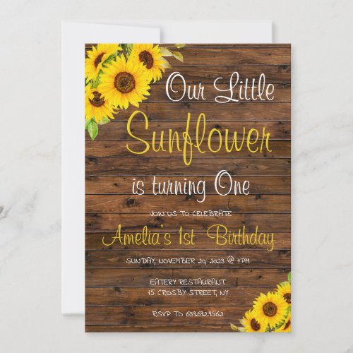 Wood Our Little Sunflower Floral Birthday Invitation