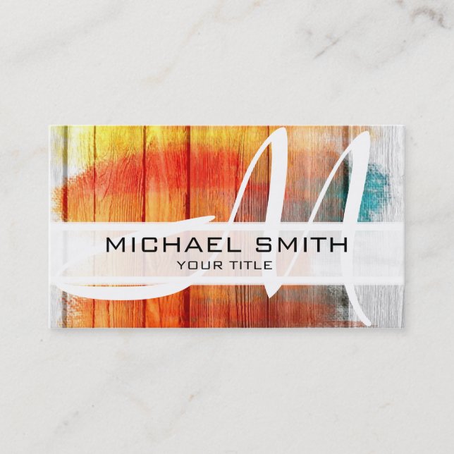 Wood Painted Colored Modern Monogram Business Card (Front)