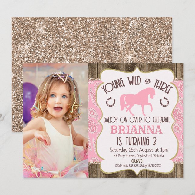 Wood Paisley Glitter Horse 3rd Birthday Invitation (Front/Back)