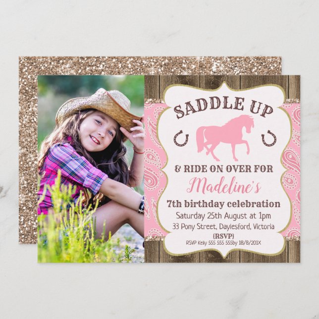Wood Paisley Glitter Horse Birthday Invitation (Front/Back)