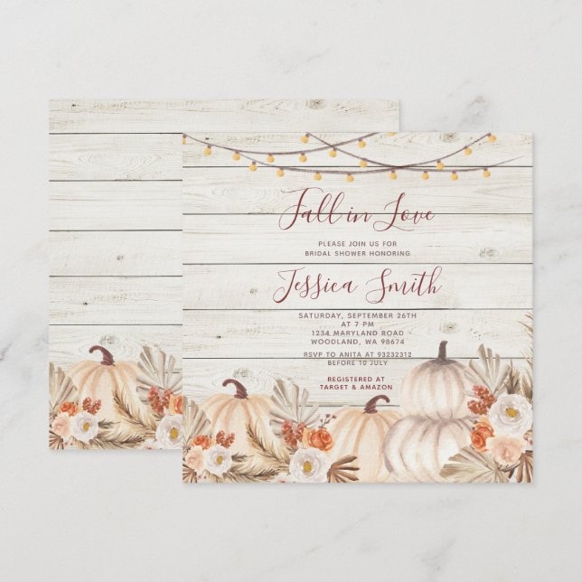 Wood Pampas Grass Pumpkin Fall in Love Shower Invitation (Front/Back)