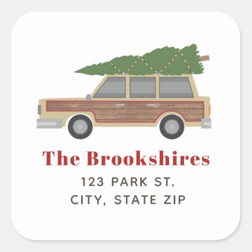 Wood Panel Car Christmas Tree Address Square Sticker