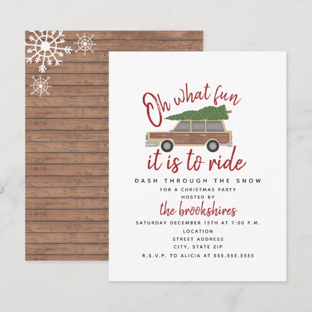 Wood Panel Car Christmas Tree Oh What Fun Party Invitation (Front/Back)