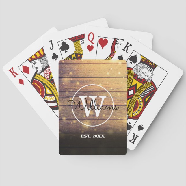 Wood Panels Monogram Rustic Stylish Script Poker Cards (Back)