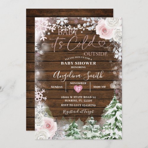 Wood Pastel Pink Snowflake Floral Baby Shower  Invitation