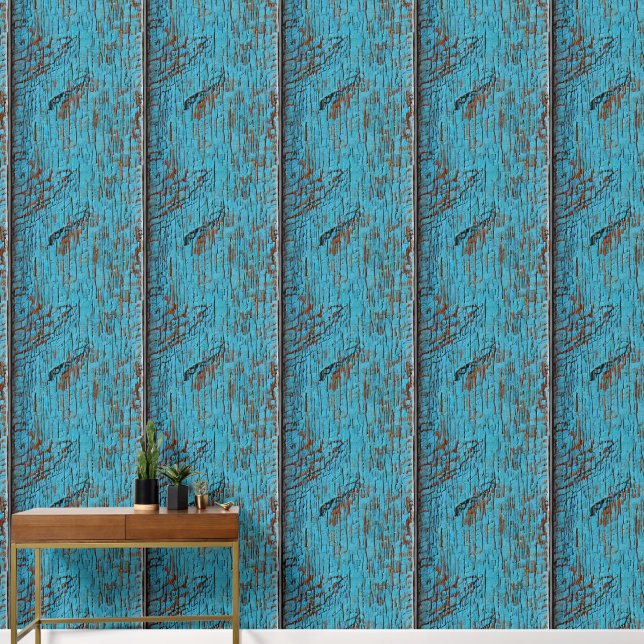 Wood pattern mural weathered flaking paint planks wallpaper  (Hallway)