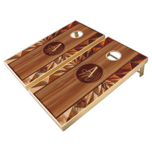 Wood Pattern Rustic Farmhouse Monogram Cornhole Set