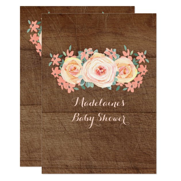 Wood Peach Watercolor Floral Baby Shower Invitation