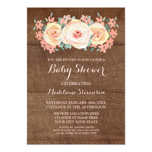 Wood Peach Watercolor Floral Baby Shower Invitation