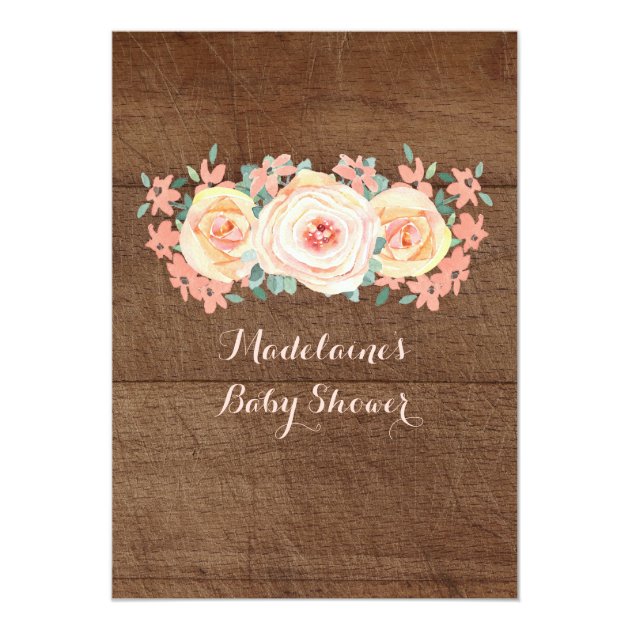 Wood Peach Watercolor Floral Baby Shower Invitation