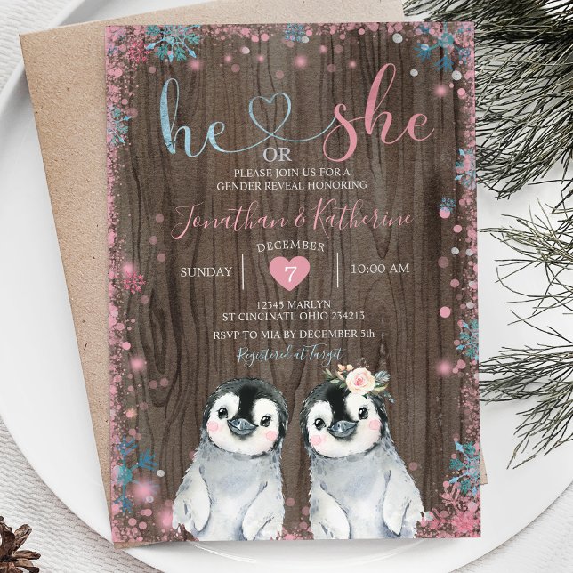 Wood Penguin Gender Reveal He or She Snowflakes Invitation (Creator Uploaded)