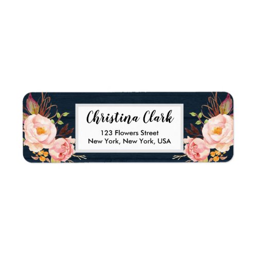 Wood Peony Floral Navy Personalized Custom Address Label