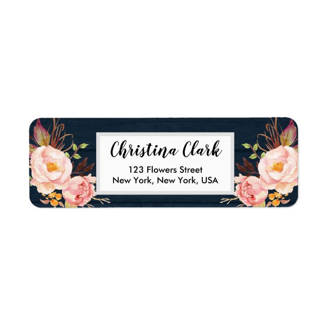 Wood Peony Floral Navy Personalized Custom Address Label (Front)