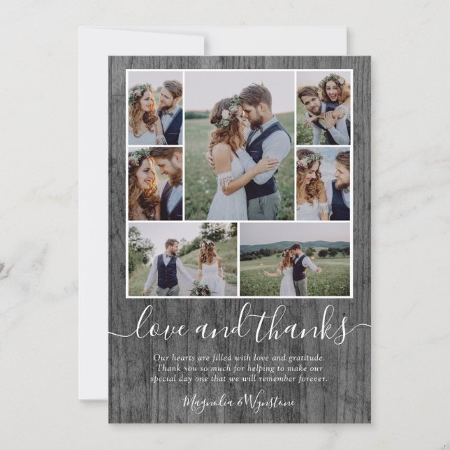 Wood Photo Collage Love and Thanks Wedding Thank You Card (Front)