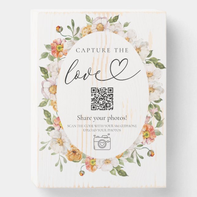 Wood Photo sign floral wedding event QR code (Front Vertical)