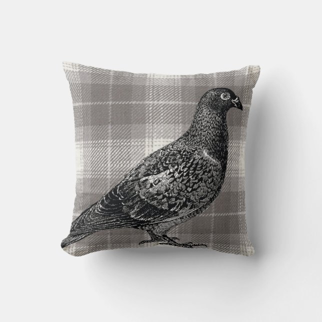 Wood pigeon, on grey check throw pillow (Front)