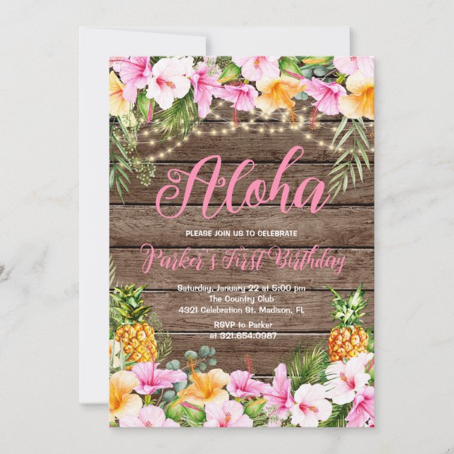 Wood Pineapple Aloha First Birthday Party Invitation (Front)