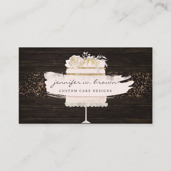Wood Pink Cake Floral Bakery Pastry Patisserie Business Card