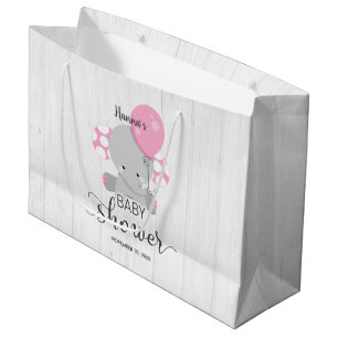 Wood & Pink Elephant Girl Baby Shower Large Gift Bag