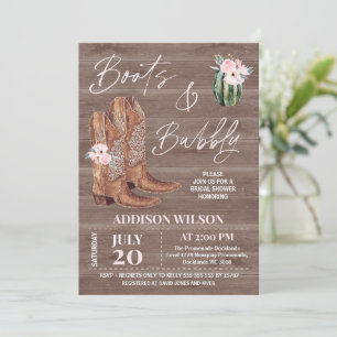 Wood Pink Floral Boots and Bubbly Bridal Shower Invitation