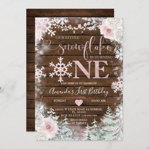 Wood Pink Our little Snowflake Flowers Birthday Invitation
