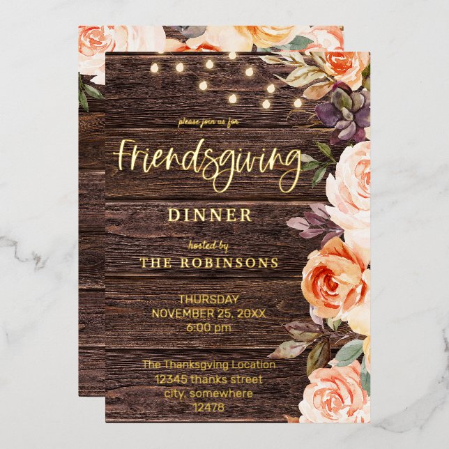 Wood Pink & Peach Floral w/ Lights Friendsgiving Foil Invitation (Front/Back)