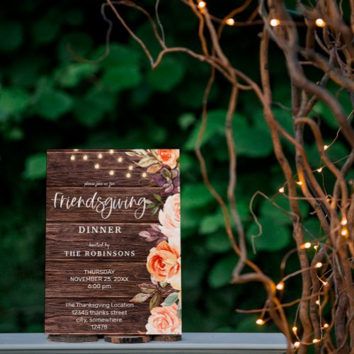 Wood Pink  Peach Floral w Lights Friendsgiving Invitation