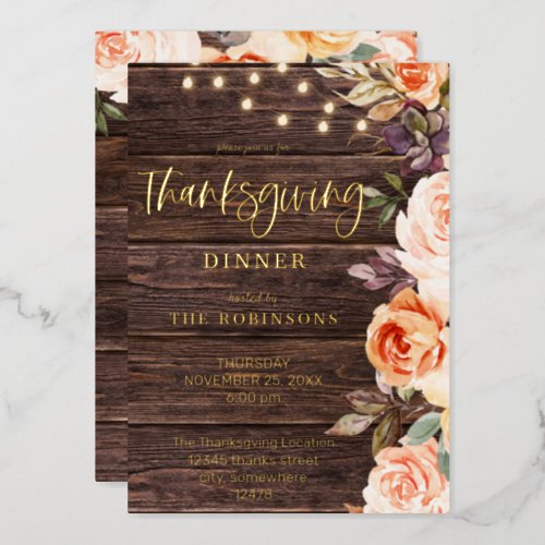 Wood Pink  Peach Floral w Lights Thanksgiving Foil Invitation