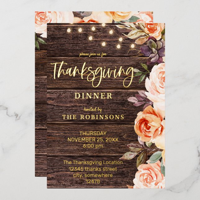 Wood Pink & Peach Floral w/ Lights Thanksgiving Foil Invitation (Front/Back)