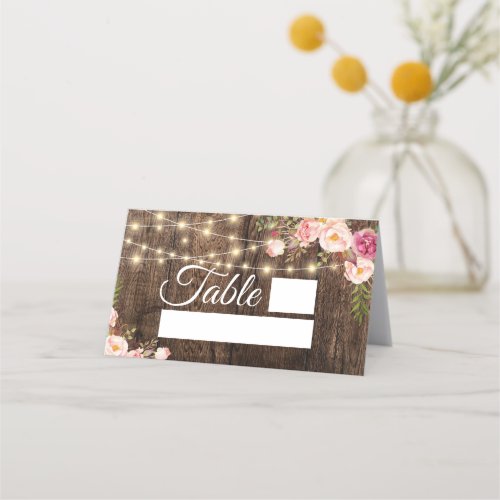 Wood  Pink Roses String Lights Wedding Place Card