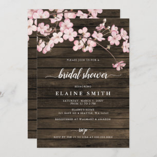 Wood Pink Sakura Cherry Blossoms Bridal Shower Invitation