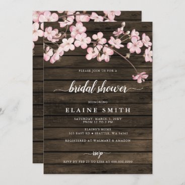 Wood Pink Sakura Cherry Blossoms Bridal Shower  Invitation