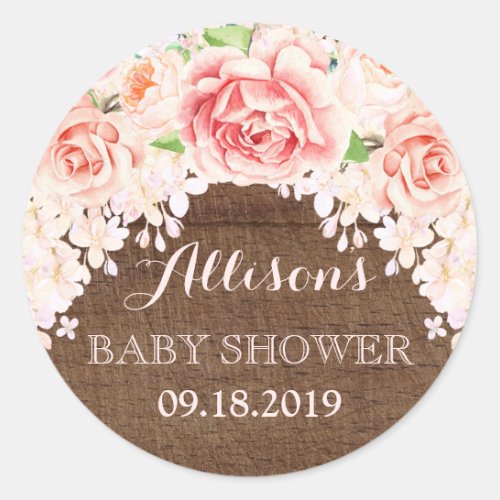 Wood Pink Watercolor Flowers Baby Shower Favor Classic Round Sticker