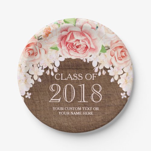 Wood Pink Watercolor Flowers Graduation 2018 Paper Plates