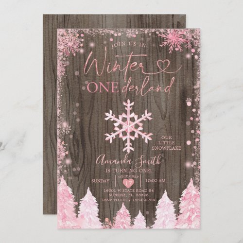 Wood Pink Winter Onederland Snowflake Birthday Inv Invitation