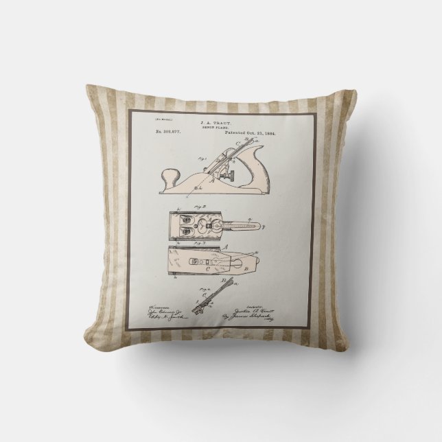 Wood Plane Tool Patent Throw Pillow (Front)